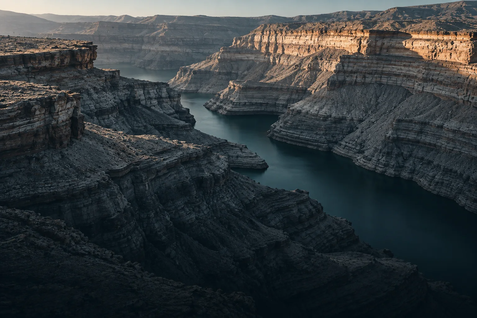 A layered canyon at first light.