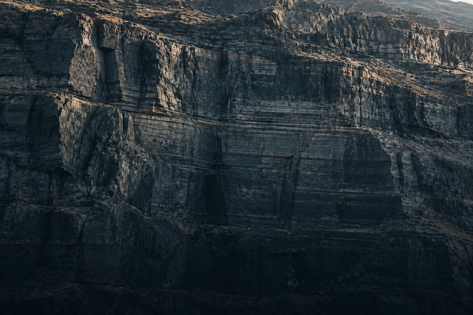 A dense, finely layered dark cliff face.