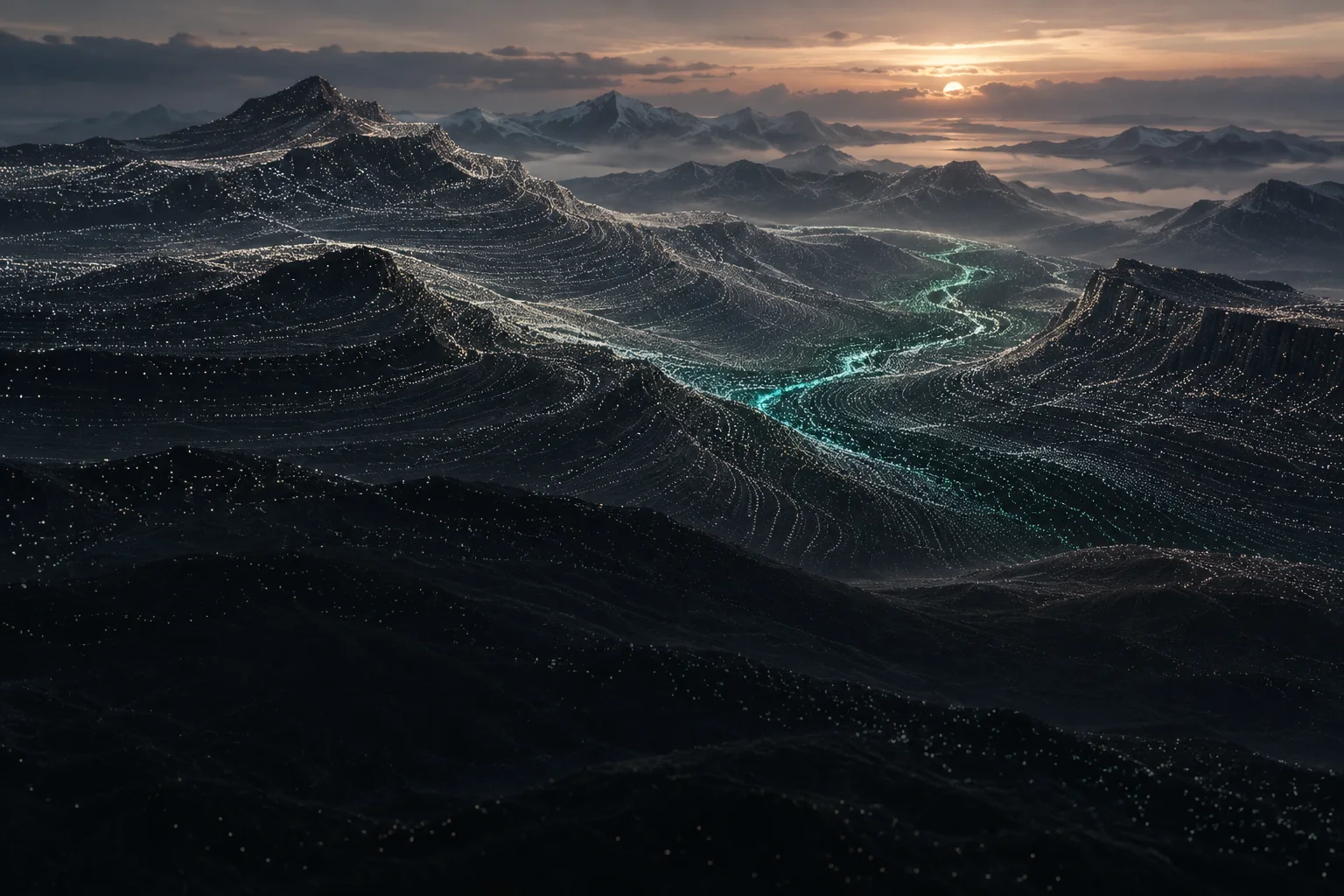 A landscape whose layers are made of points of data, with a teal signal surfacing through them.