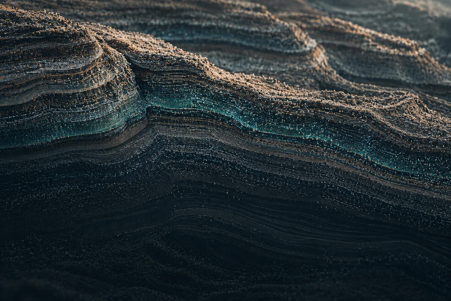 Layered strata made of fine points of data, one band glowing teal.